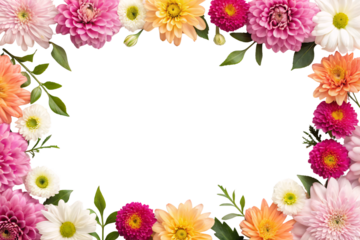 Mixed flower border with daisies, dahlias, roses in pink, orange, yellow, white arranged around edges, isolated on a transparent background