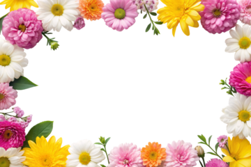 Colorful flower border frame with daisies, roses, chrysanthemums in pink, yellow, white creating decorative edge, isolated on a transparent background