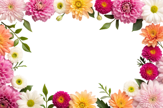 Mixed flower border with daisies, dahlias, roses in pink, orange, yellow, white arranged around edges, isolated on a transparent background