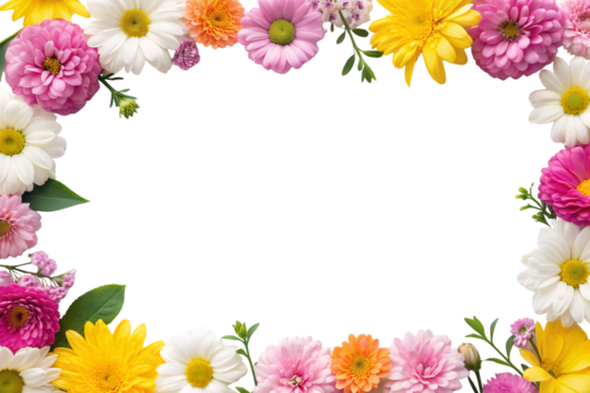 Colorful flower border frame with daisies, roses, chrysanthemums in pink, yellow, white creating decorative edge, isolated on a transparent background