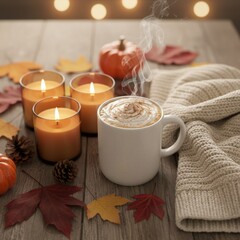 Cozy autumn scene: steaming pumpkin spice latte, candles, autumn leaves, pine cones, and a warm sweater. Perfect for fall blogs, websites, or social media.  Enjoy the warmth!