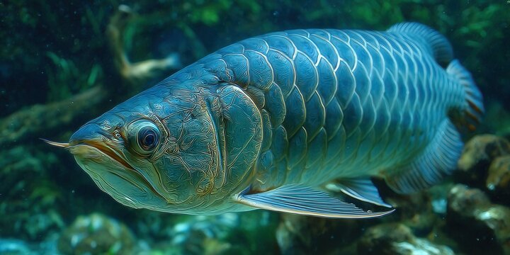 Magnificent Asian Arowana fish elegantly swims in clear, aquamarine waters