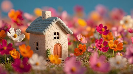 Miniature House in a Vibrant Cosmos Flower Field