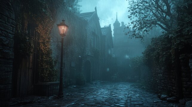 streetlight rainy night foggy sky stunning horror forest background scary empty liminal spaces cobblestone roads - Powered by Adobe