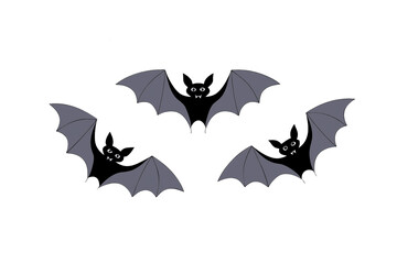 Three black cartoon bats flying with spread wings and cute expressions, isolated on a transparent background