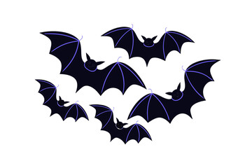Naklejka premium Group of six black and purple bats with outstretched wings flying together, isolated on a transparent background