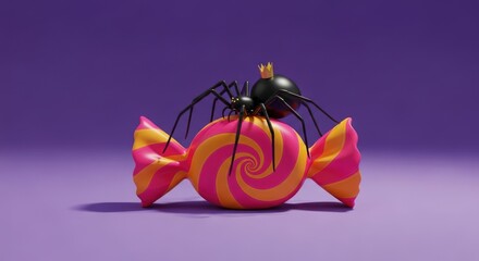 Spooky Halloween treat a candy with a spider wearing a gold crown on a purple background perfect for fun holiday designs