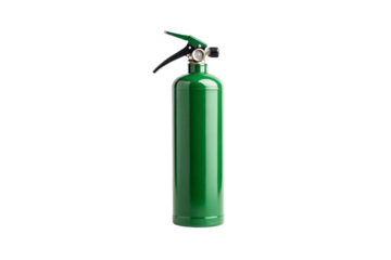 Green metallic fire extinguisher cylinder with black discharge hose and trigger mechanism for emergency safety use, isolated on a transparent background