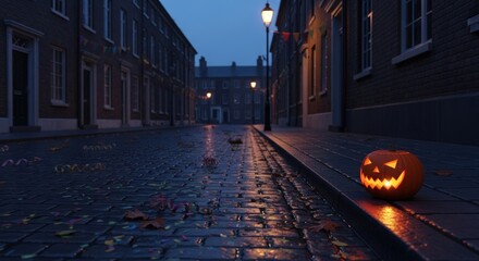 Spooky Halloween night scene with glowing jack-o'-lantern on cobblestone street, perfect for holiday promotions and festive designs