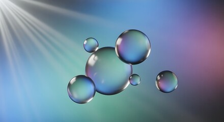Abstract 3D Render of Iridescent Bubbles with Light Rays on Gradient Background