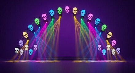 Vibrant Halloween stage with skull lights and colorful beams for spooky event promotion or themed party background design element
