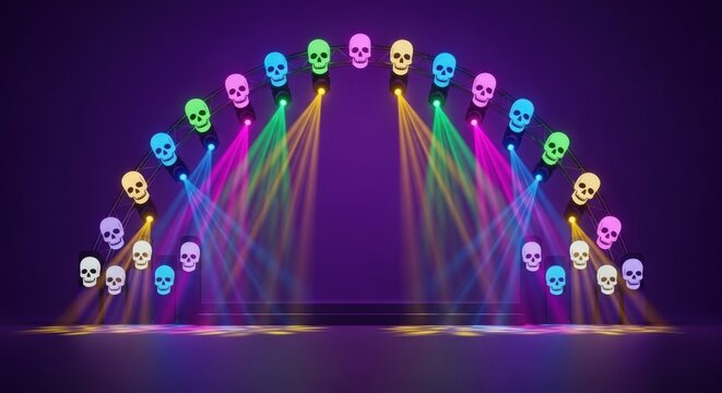 Vibrant Halloween stage with skull lights and colorful beams for spooky event promotion or themed party background design element