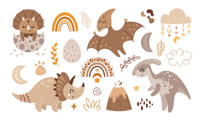 Boho dinosaurs clipart set, celestial moon, cloud, rainbow, dino egg and plants. Bohemian vector illustration