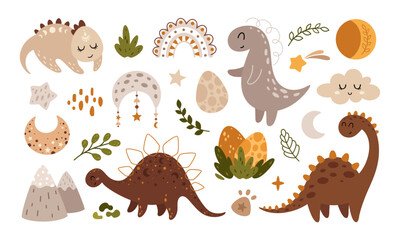 Fototapeta premium Bohemian dinosaurs clipart set, celestial moon, stars, rainbow, dino eggs and plants. Boho baby vector illustration