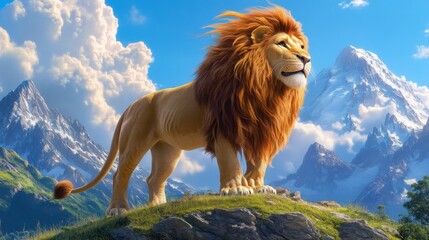 Obraz premium strong and bold lion with a large orange mane blowing in the wind standing atop a hill 