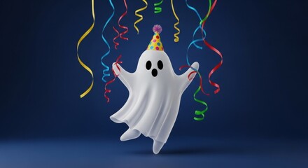 Adorable cartoon ghost celebrates Halloween with festive streamers, perfect for spooky party invitations and fun seasonal promotions