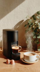 Modern coffee capsule machine, metallic pink capsule, steaming espresso, white ceramic cup, wooden table, cozy, natural light