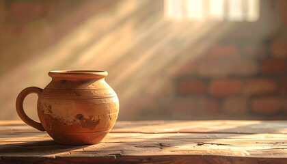 Clay pot on wooden table with natural light