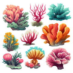 set of colorful coral reefs isolated