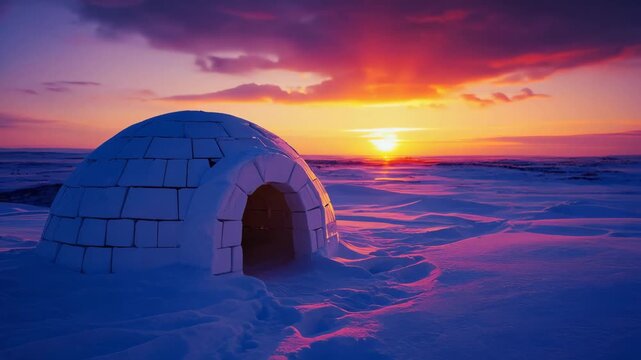 winter scene with snowy igloo on sunset. Fantastic landscape 