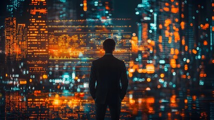 Man in suit observes glowing digital city data visualization with upward trending graphs