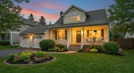 A charming home features a wellmanicured lawn colorful flowerbeds and a welcoming front porch illuminated by warm lights