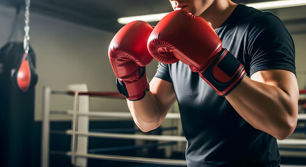 Dynamic boxer ready to fight with red gloves in a professional boxing ring, intense training