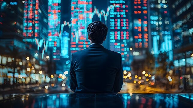 A businessman observes financial data projections on a cityscape at night