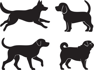 Dog breed silhouettes vector: german shepherd, beagle, labrador, pug clipart eps