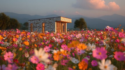 Modern House in a Vibrant Flower Field at Sunset