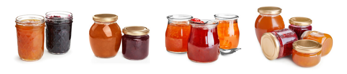 Different jams in jars isolated on white, set
