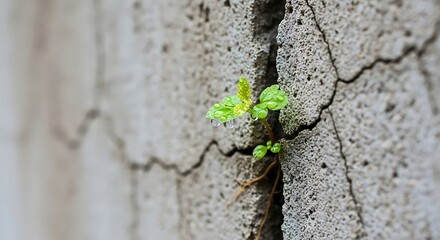 A Small Green Plant Growing in a Cracked Concrete Wall