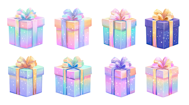 Six pastel-colored gift boxes, each with a decorative bow and sparkly glitter effect