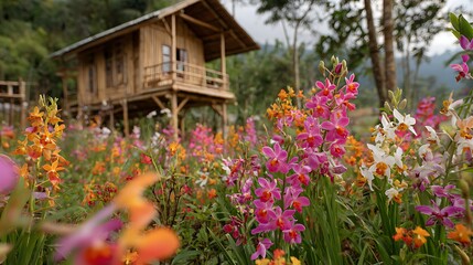 Vibrant Orchid Field with Wooden House in Background