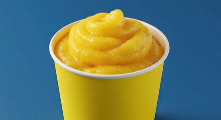 A yellow cup filled with an orange smoothie with a blue background