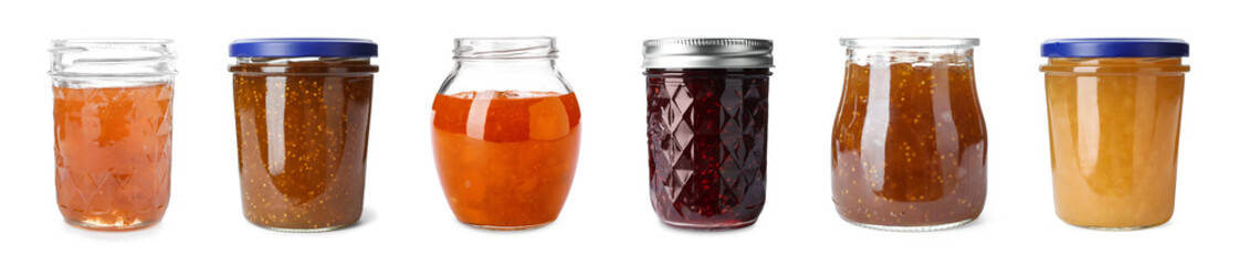 Different jams in jars isolated on white, set