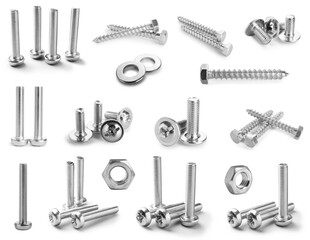 Metal nuts, bolts and screws isolated on white, set