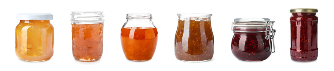 Different jams in jars isolated on white, set