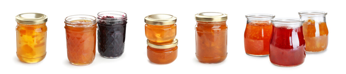 Different jams in jars isolated on white, set