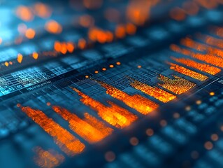 Abstract digital data visualization with glowing orange charts on a dark blue background symbolizing financial growth and technological advancement
