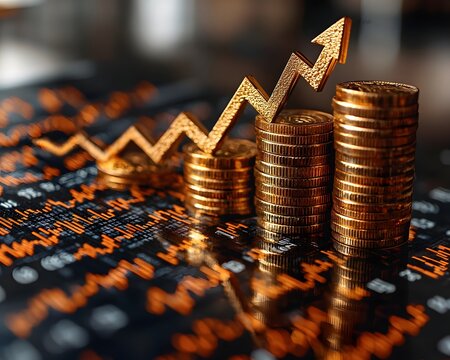 A golden arrow graph rises from stacks of gold coins symbolizing financial growth and market success on a digital chart background - Powered by Adobe