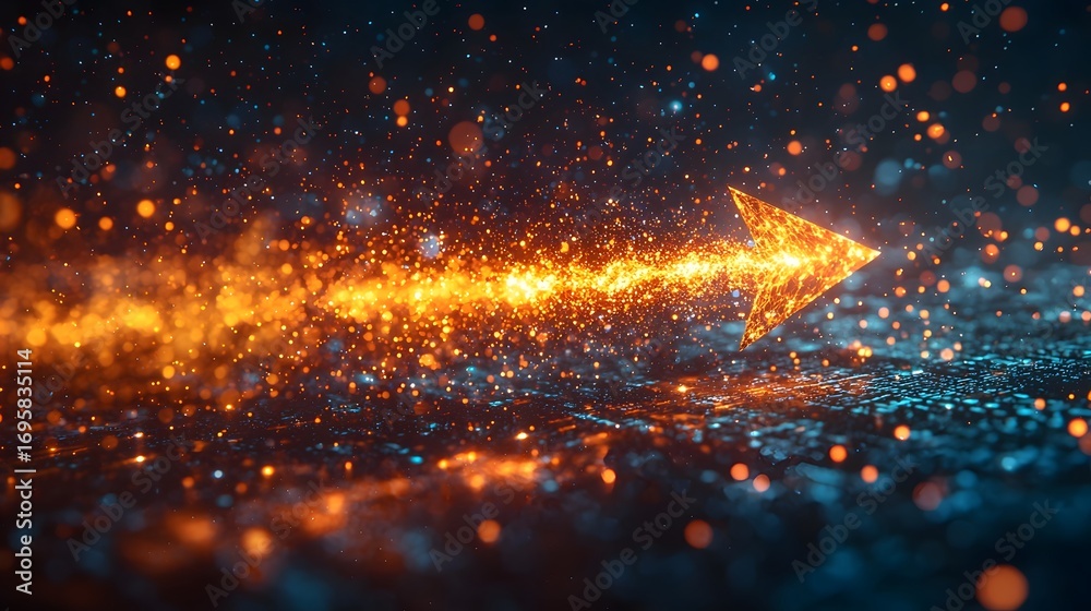 Wall mural a glowing golden arrow streaks through a dark particle filled abstract space symbolizing dynamic pro