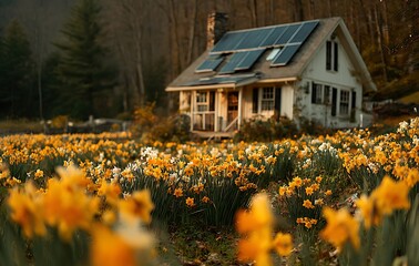 White House with Solar Panels in a Field of Daffodils