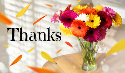 Thank You card design with gerbera flowers in vase and flying petals