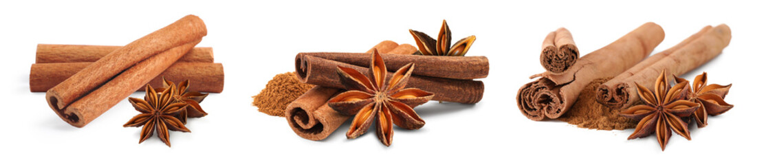 Cinnamon sticks and powder isolated on white, set