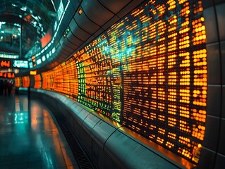 Curved digital display wall with vibrant orange and green lights showing data