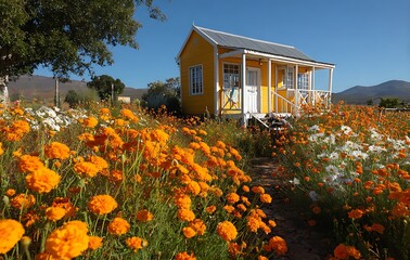 Yellow Cottage Amidst Vibrant Orange And White Flowers