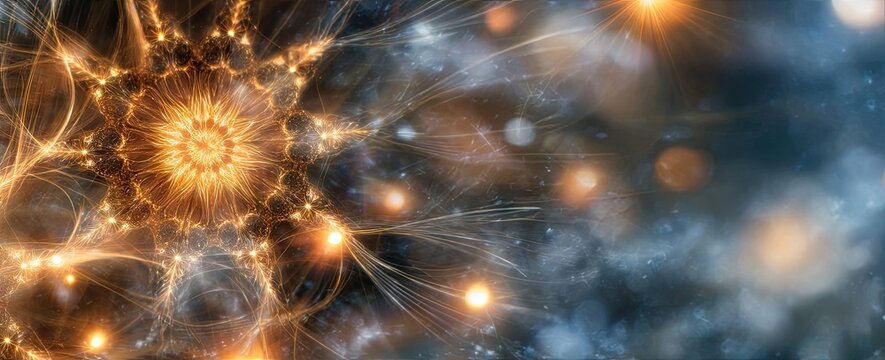 Abstract fractal design with golden spiral and glowing particles in space