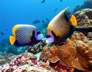 Obraz premium Two angelfish face each other in coral reef