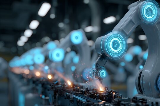Factory production line with cobots and glowing holographic quality control overlays.